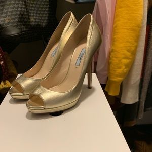 Prada Peep Toe Gold Pump Platforms